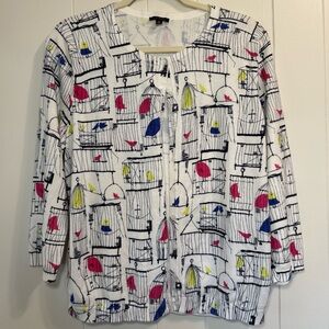 Talbots Birdcage Print Button Down quarter length Sleeve Shirt Cardigan Size XL